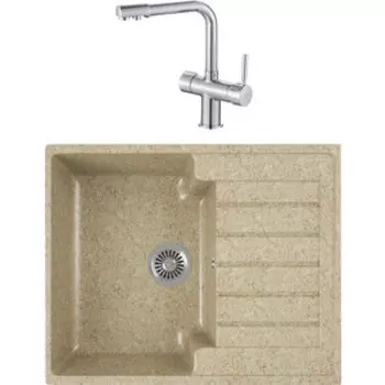 Кухонная мойка и смеситель GreenStone GRS-13s-302 Haiba HB70088 с сифоном, песочный