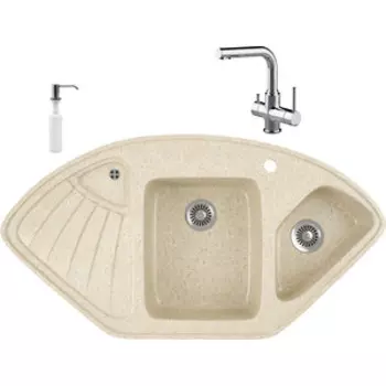 Кухонная мойка и смеситель GreenStone GRS-14K-328 Lemark Comfort LM3061C с сифоном и дозатором, бежевая