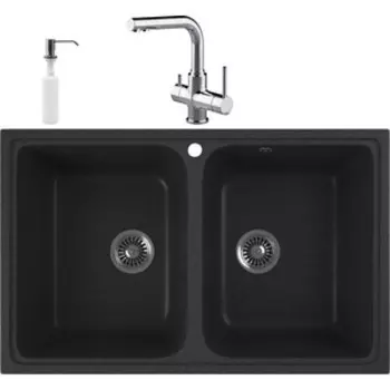Кухонная мойка и смеситель GreenStone GRS-15-343 Lemark Comfort LM3061C с сифоном и дозатором, антрацит