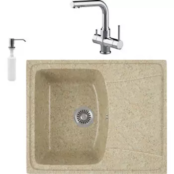 Кухонная мойка и смеситель GreenStone GRS-17K-302 Lemark Comfort LM3061C с сифоном и дозатором, песочная