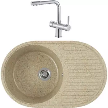 Кухонная мойка и смеситель GreenStone GRS-18-302 Haiba HB70088 с сифоном, песочная