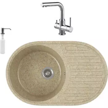 Кухонная мойка и смеситель GreenStone GRS-18-302 Lemark Comfort LM3061C с сифоном и дозатором, песочная
