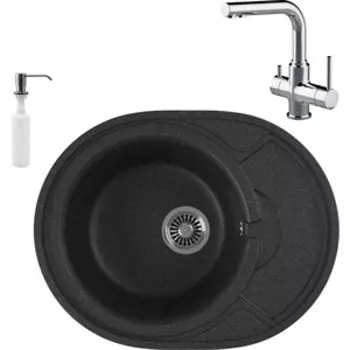 Кухонная мойка и смеситель GreenStone GRS-18k-308 Lemark Comfort LM3061C с сифоном и дозатором, черная