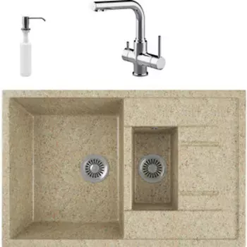 Кухонная мойка и смеситель GreenStone GRS-21K-302 Lemark Comfort LM3061C с сифоном и дозатором, песочная