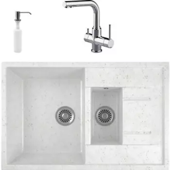 Кухонная мойка и смеситель GreenStone GRS-21K-331 Lemark Comfort LM3061C с сифоном и дозатором, белая