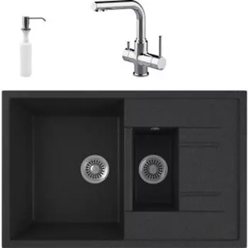 Кухонная мойка и смеситель GreenStone GRS-21K-343 Lemark Comfort LM3061C с сифоном и дозатором, антрацит