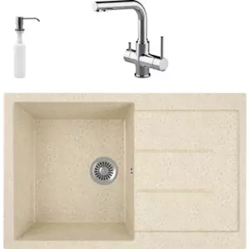 Кухонная мойка и смеситель GreenStone GRS-25-328 Lemark Comfort LM3061C с сифоном и дозатором, бежевая
