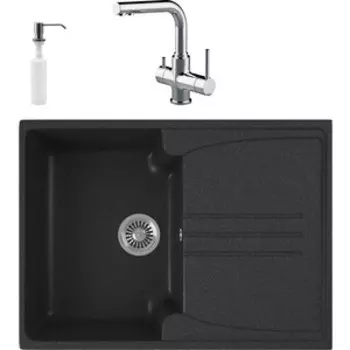 Кухонная мойка и смеситель GreenStone GRS-40s-343 Lemark Comfort LM3061C с сифоном и дозатором, антрацит