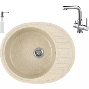 Кухонная мойка и смеситель GreenStone GRS-62-328 Lemark Comfort LM3061C с сифоном и дозатором, бежевая