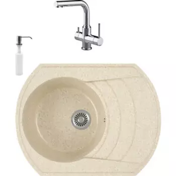 Кухонная мойка и смеситель GreenStone GRS-65-328 Lemark Comfort LM3061C с сифоном и дозатором, бежевая
