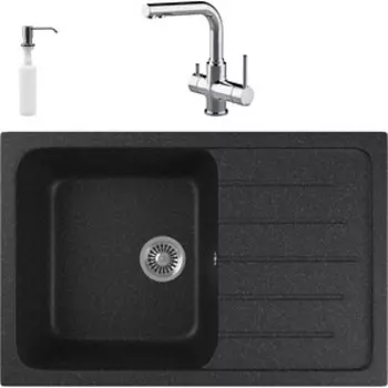 Кухонная мойка и смеситель GreenStone GRS-76-308 Lemark Comfort LM3061C с сифоном и дозатором, черная