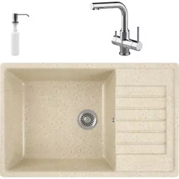 Кухонная мойка и смеситель GreenStone GRS-78L-328 Lemark Comfort LM3061C с сифоном и дозатором, бежевая