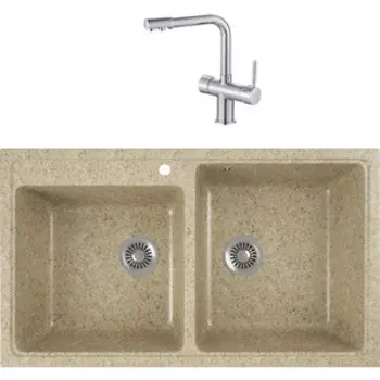 Кухонная мойка и смеситель GreenStone GRS-85k-302 Haiba HB70088 с сифоном, песочный