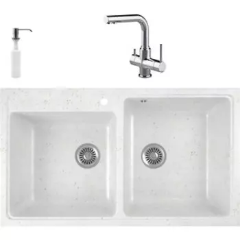 Кухонная мойка и смеситель GreenStone GRS-85k-331 Lemark Comfort LM3061C с сифоном и дозатором, белая