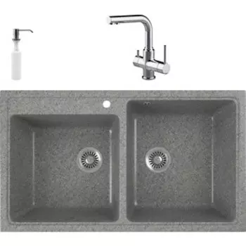 Кухонная мойка и смеситель GreenStone GRS-85k-309 Lemark Comfort LM3061C с сифоном и дозатором, темно-серая