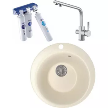 Кухонная мойка и смеситель Mixline ML-GM13 с фильтром Барьер Эксперт, бежевая 328 (4630030633433, 40144-BWT)