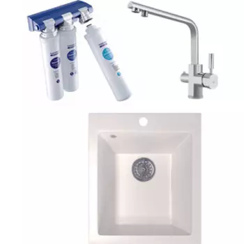 Кухонная мойка и смеситель Mixline ML-GM14 с фильтром Барьер Эксперт, белая 331 (4630030633709, 40144-BWT)