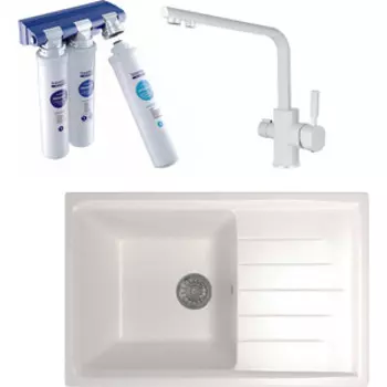 Кухонная мойка и смеситель Mixline ML-GM19 с фильтром Барьер Эксперт, белая 331 (4630030634904, 40144-10-BWT)
