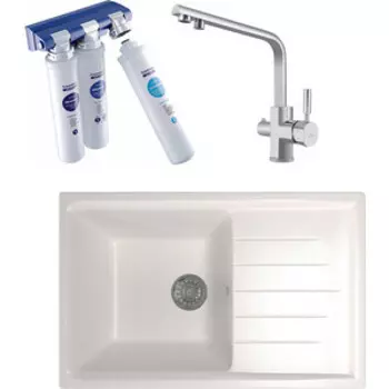 Кухонная мойка и смеситель Mixline ML-GM19 с фильтром Барьер Эксперт, белая 331 (4630030634904, 40144-BWT)