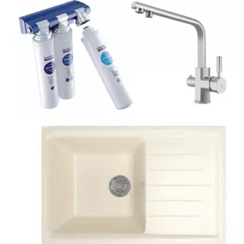 Кухонная мойка и смеситель Mixline ML-GM19 с фильтром Барьер Эксперт, бежевая 328 (4630030634874, 40144-BWT)