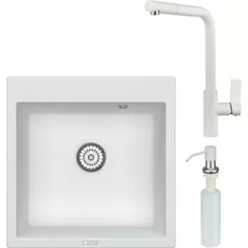 Кухонная мойка и смеситель Point Арбель 51 с дозатором, белая (PN3001W, PN3102W, PN3201W)