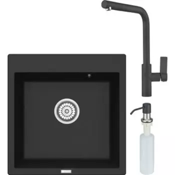 Кухонная мойка и смеситель Point Арбель 51 с дозатором, черная (PN3001B, PN3102B, PN3201B)