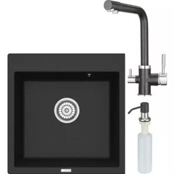 Кухонная мойка и смеситель Point Арбель 51 с дозатором, черная (PN3001B, PN3103B, PN3201B)