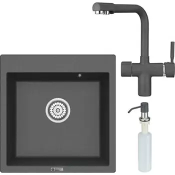 Кухонная мойка и смеситель Point Арбель 51 с дозатором, графит (PN3001GR, PN3104GR, PN3201GR)