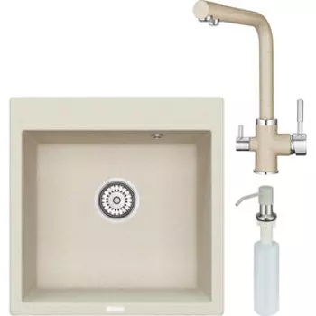 Кухонная мойка и смеситель Point Арбель 51 с дозатором, светло-бежевая (PN3001BG, PN3103BG, PN3201BG)
