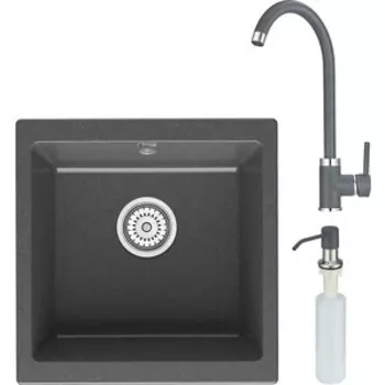 Кухонная мойка и смеситель Point Бату 45 с дозатором, графит (PN3008GR, PN3101GR, PN3201GR)