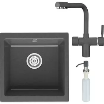 Кухонная мойка и смеситель Point Бату 45 с дозатором, графит (PN3008GR, PN3104GR, PN3201GR)