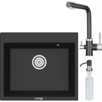 Кухонная мойка и смеситель Point Бинга 60 с дозатором, черная (PN3003B, PN3103B, PN3201B)