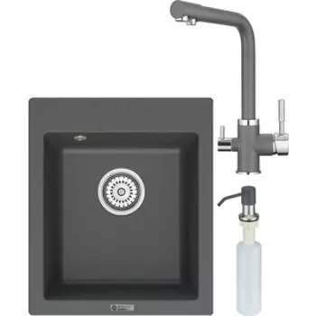 Кухонная мойка и смеситель Point Динара 42 с дозатором, графит (PN3004GR, PN3103GR, PN3201GR)
