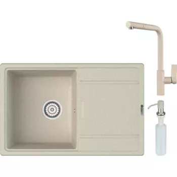 Кухонная мойка и смеситель Point Лаура 78 с дозатором, светло-бежевая (PN3005BG, PN3102BG, PN3201BG)