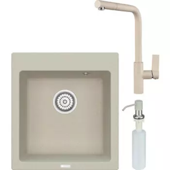 Кухонная мойка и смеситель Point Моко 47 с дозатором, светло-бежевая (PN3006BG, PN3102BG, PN3201BG)