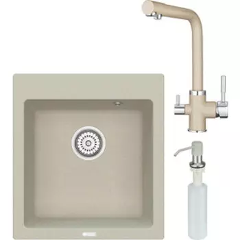Кухонная мойка и смеситель Point Моко 47 с дозатором, светло-бежевая (PN3006BG, PN3103BG, PN3201BG)