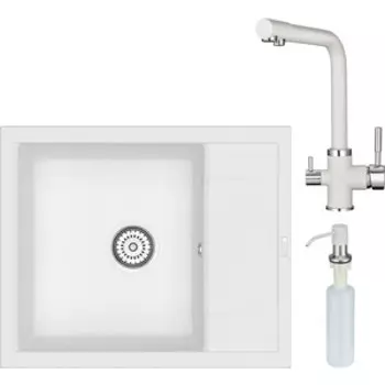 Кухонная мойка и смеситель Point Римо 60 с дозатором, белая (PN3010W, PN3103W, PN3201W)