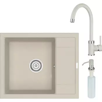 Кухонная мойка и смеситель Point Римо 60 с дозатором, светло-бежевая (PN3010BG, PN3101BG, PN3201BG)