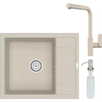 Кухонная мойка и смеситель Point Римо 60 с дозатором, светло-бежевая (PN3010BG, PN3102BG, PN3201BG)