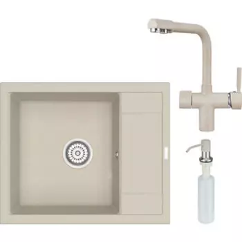 Кухонная мойка и смеситель Point Римо 60 с дозатором, светло-бежевая (PN3010BG, PN3104BG, PN3201BG)