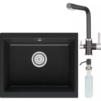Кухонная мойка и смеситель Point Сидли 55 с дозатором, черная (PN3007B, PN3103B, PN3201B)