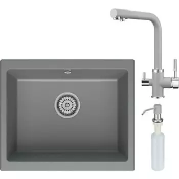 Кухонная мойка и смеситель Point Сидли 55 с дозатором, серая (PN3007AL, PN3103AL, PN3201AL)