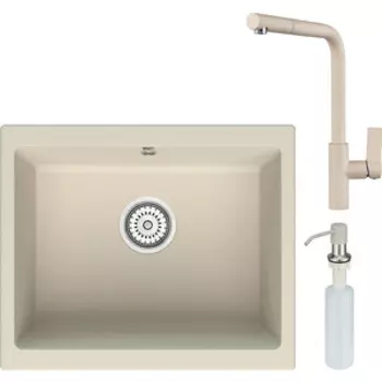 Кухонная мойка и смеситель Point Сидли 55 с дозатором, светло-бежевая (PN3007BG, PN3102BG, PN3201BG)