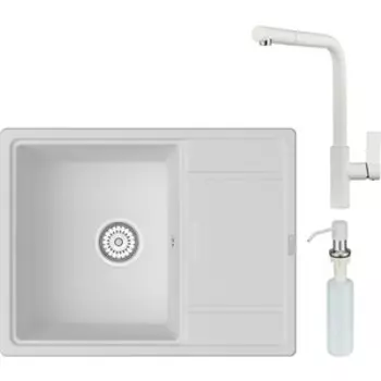 Кухонная мойка и смеситель Point Стил 65 с дозатором, белая (PN3009W, PN3102W, PN3201W)