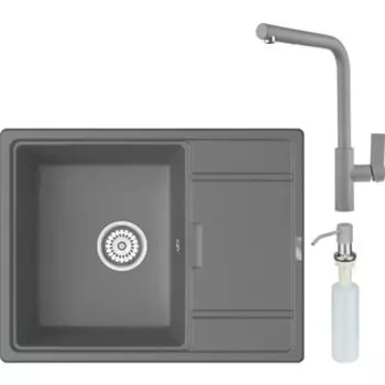 Кухонная мойка и смеситель Point Стил 65 с дозатором, серая (PN3009AL, PN3102AL, PN3201AL)