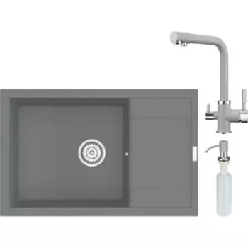 Кухонная мойка и смеситель Point Велета 78 с дозатором, серая (PN3002AL, PN3103AL, PN3201AL)