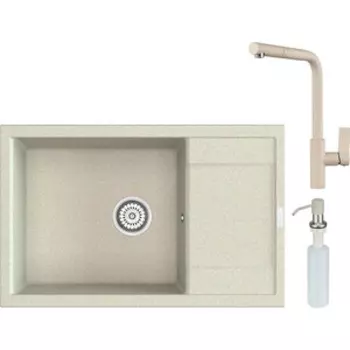 Кухонная мойка и смеситель Point Велета 78 с дозатором, светло-бежевая (PN3002BG, PN3102BG, PN3201BG)
