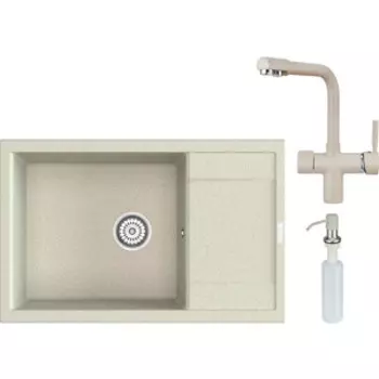 Кухонная мойка и смеситель Point Велета 78 с дозатором, светло-бежевая (PN3002BG, PN3104BG, PN3201BG)