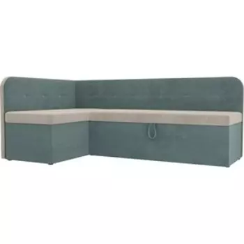 Кухонный угловой диван АртМебель Форест велюр бежевый бирюза левый угол
