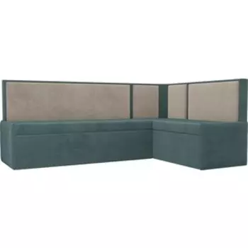 Кухонный угловой диван АртМебель Кристина велюр бирюза/бежевый правый угол